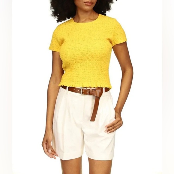 NWT new medium Michael kors Smocked ruched CCap Sleeve Cropped top yellow - Picture 1 of 15